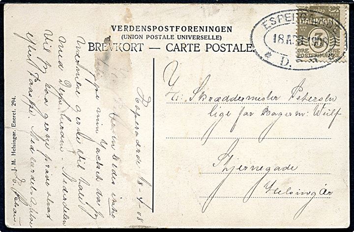 3 øre Bølgelinie på lokalt brevkort annulleret med ovalt jernbanestempel ESPERGÆRDE * D.S.B. * d. 18.4.1908 til Helsingør. Stempel kendes benyttet til annullering i perioden 1904-1908.