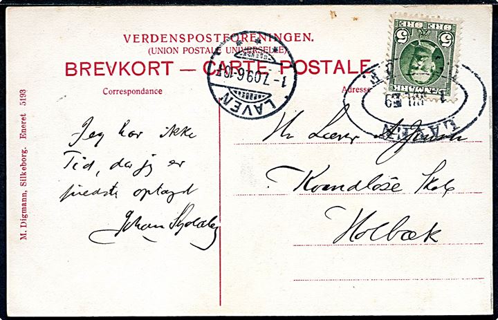 5 øre Fr. VIII på brevkort fejlagtigt annulleret med ovalt jernbanestempel LAVEN D.S.B. - J.F. d. 1.7.1909 og sidestemplet brotype Ia Laven d. 1.7.1909 til Holbæk. Stempel ikke tidl. registreret af Bendix eller Vang Jensen.