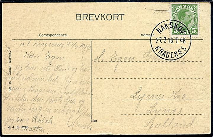 5 øre Chr. X på brevkort (Kragenæs Købmandshandel) annulleret med bureaustempel Nakskov - Kragenæs T.46 d. 27.7.1916 til Lynæs Kro pr. Lynæs. 