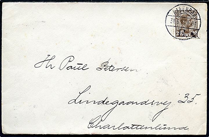 20 øre Chr. X på brev annulleret med brotype Vb stempel Aabenraa B. d. 31.5.1923 til Charlottenlund. 