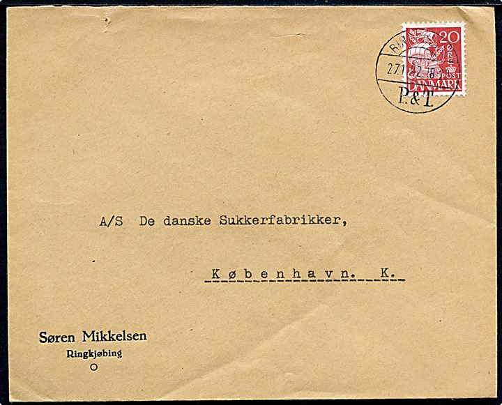 20 øre Karavel single på brev annulleret med brotype Vc Ringkøbing P. & T. d. 27.11.1942 til København. Kendes kun benyttet i perioden 10.11.-10.12.1942.