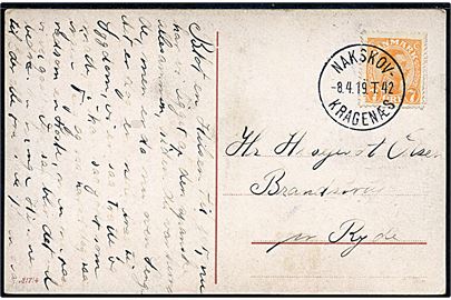 7 øre Chr. X på brevkort annulleret med bureaustempel Nakskov - Kragenæs T.42 d. 8.4.1919 til Brandstrup pr. Ryde. Smukt aftryk.