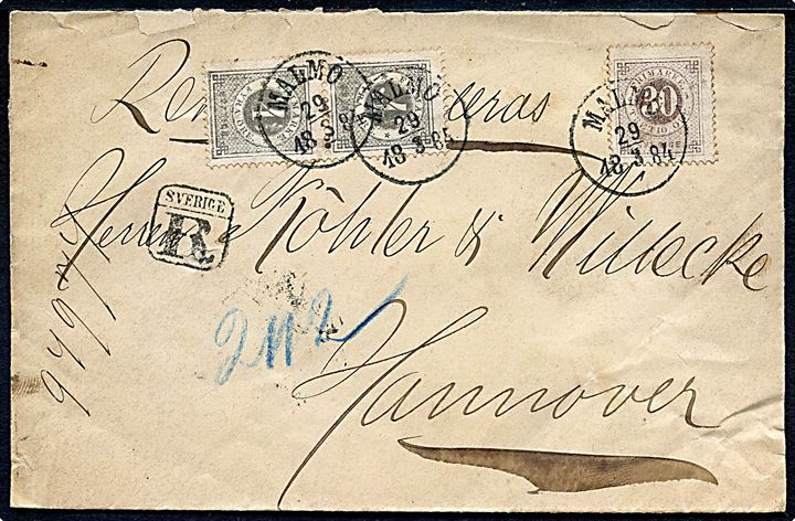 4 öre i lodret par og 30 öre Ringtype på 38 öre frankeret anbefalet brev fra Malmö d. 29.3.1884 til Hannover, Tyskland. Facit: 3500,-