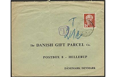 24 pfg. Pieck single på underfrankeret brev annulleret med svagt stempel d. 17.1.1952 til Hellerup, Danmark. Violet T stempel.