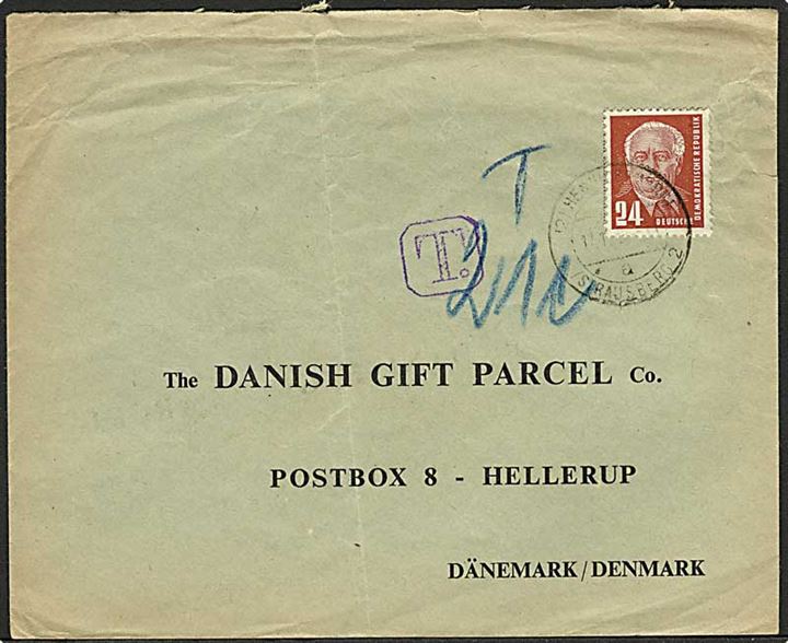 24 pfg. Pieck single på underfrankeret brev annulleret med svagt stempel d. 17.1.1952 til Hellerup, Danmark. Violet T stempel.