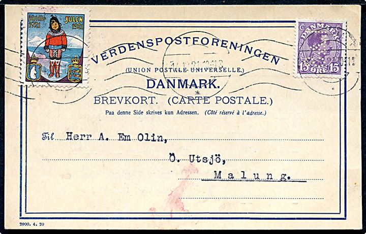 15 øre Chr. X med perfin “L. & S.” og Julemærke 1921 på brevkort fra firma “Nordisk Læderfabrik ved Levin & Salomonsen” i København d. 14.12.1921 til Malmö, Sverige. 
