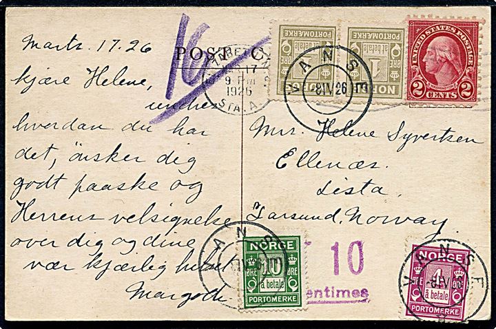 Amerikansk 2 cents Washington single på underfrankeret brevkort fra Elizabeth d. 17.3.1926 til Ellenæs, Lista pr. Farsund. Udtakseret i porto med 1 øre (par), 4 øre og 10 øre Portomærke stemplet Vanse d. 8.4.1926.