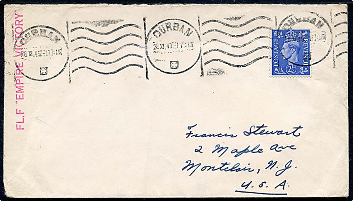 Britisk 2½d George VI på brev fra flydende hvalkogeri FL.F. “Empire Victory” (ex. tysk “Unitas”) annulleret med sydafrikansk stempel i Durban d. 28.11.1949 til Montclair, USA. Rødt afsenderstempel. Senere solgt til Norge som “Abraham Larsen”.