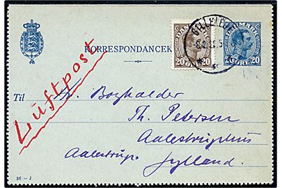 20 øre Chr. X helsags korrespondancekort (fabr. 36-J) opfrankeret med 20 øre Chr. X og mærket “Luftpost” fra Gilleleje d. 8.2.1922 til Aalestrup. Befordret med is-luftpost Kalundborg-Aarhus med luftposttillæg 20 øre. 
