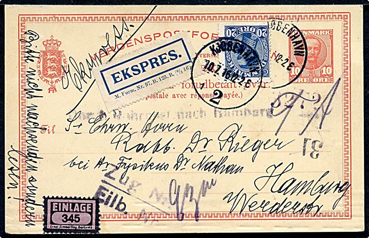 10 øre Fr. VIII helsagsbrevkort opfrankeret med 20 øre Chr. X sendt ekspres fra Kjøbenhavn d. 10.7.1916 til Hamburg, Tyskland. Befordret med rørpost i Hamburg med stempel: “Durch Rohrpost nach Hamburg”.