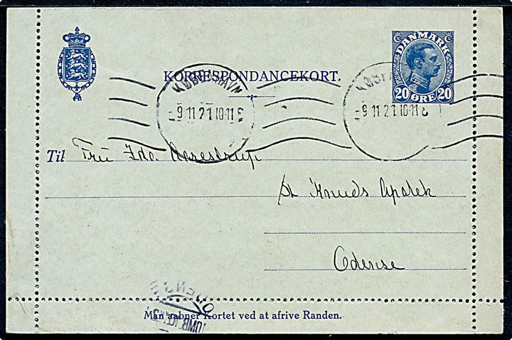 20 øre Chr. X helsagskorrespondancekort med fuld rand og variant - “Manglende fabrikations-nr.” - anvendt fra København d. 9.11.1921 til Odense. Ex. Ringström.