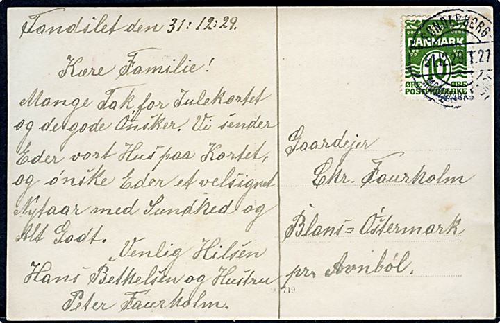 10 øre Bølgelinie på brevkort fra Tandslet annulleret med godt bureaustempel Sønderborg - Mommark Færge T.27 d. 31.12.1929 til Blans-Østermark pr. Avnbøl.