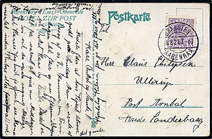 15 øre Chr. X på brevkort annulleret med vanskeligt bureaustempel Graasten - Aabenraa T.03 d. 8.8.1921 til Ullerup pr. Avnbøl. 
