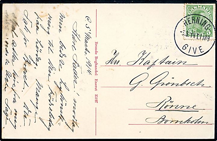 5 øre Chr. X på brevkort annulleret med smukt aftryk af det sjældne bureaustempel Herning - Give T.1189 d. 5.3.1914 til Rønne, Bornholm. Bureauet kun benyttet i 9 måneder i 1914 indtil åbningen af Vejle-Herning banen. 