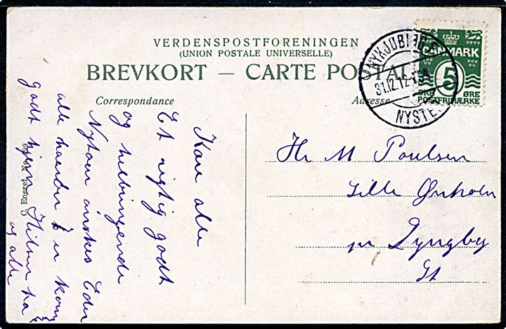 5 øre Bølgelinie på brev annulleret med bureaustempel Nykjøbing F. - Nysted T.34 d. 31.12.1912 til Lyngby.