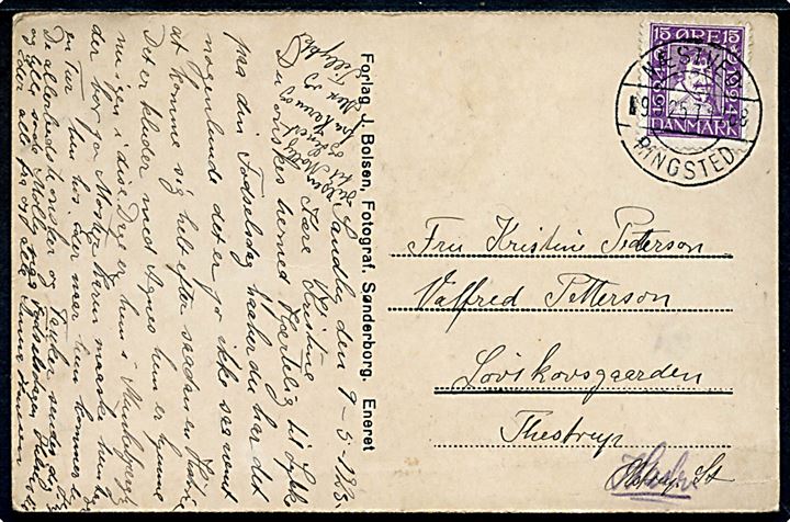 15 øre Chr. IV Postjubilæum på brevkort fra Sandby annulleret med bureaustempel Næstved - Ringsted T.1768 d. 9.5.1925 til Thestrup pr. Olstrup St. - ændret til pr. Haslev.