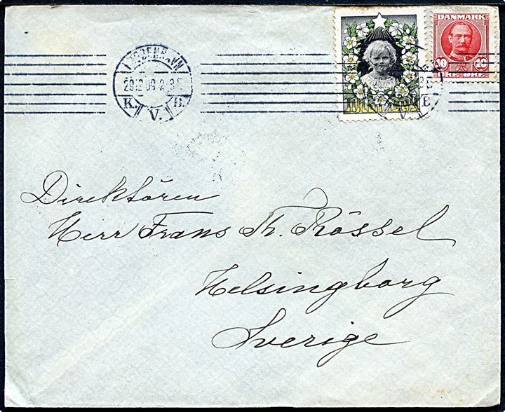 10 øre Fr. VIII og Julemærke 1909 på brev fra Kjøbenhavn d. 29.12.1909 til Helsingborg, Sverige.