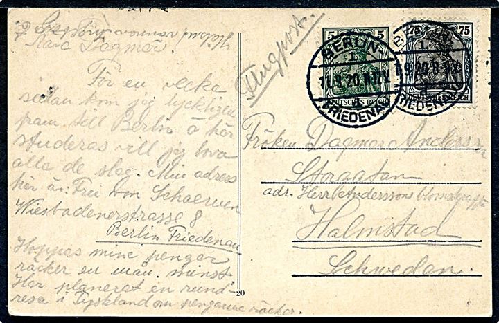5 pfg. og 75 pfg. Germania på 80 pfg. frankeret brevkort mærket “Flugpost” fra Berlin d. 11.9.1920 til Halmstad, Sverige. Luftpostbefordret på ruten Berlin - Warnemünde - Malmö som åbnede d. 11.8.1920. 