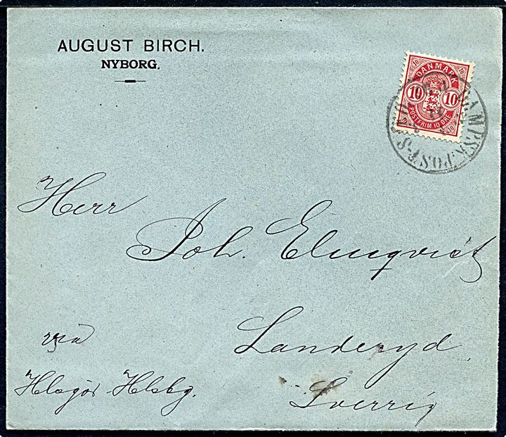 10 øre Våben på brev med fuldt indhold fra Nyborg annulleret med antiqua Dampsk:Post-Sped: No. 3 d. 3.11.1896 til Landeryd, Sverige. 