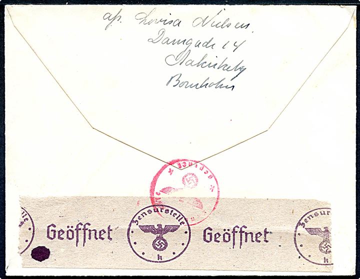 20 øre Chr. X på brev fra Aakirkeby d. 23.4.1945 til Angelstad, Sverige. Åbnet af Sønderborg-censuren med fortrykt “April”-banderole. 
