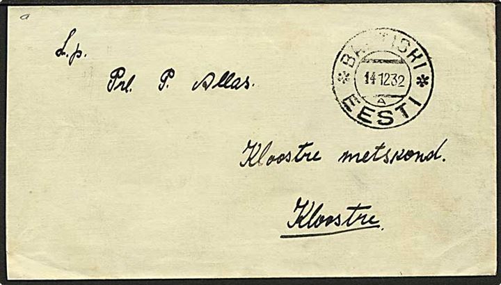 10 s. Dorpat Universitet single på bagsiden af indenrigsbrev fra Baltiski d. 14.12.1932.