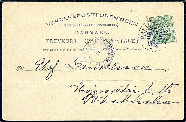 5 øre Våben på brevkort (Hotel Kungen af Sverige og hjuldamper) fra København annulleret med svensk sejlende bureaustempel Malmö - Köpenh. d. 19.8.1902 til Stockholm, Sverige.