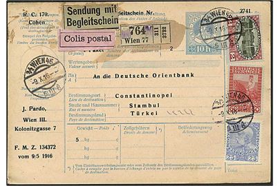 1,85 h. blandingsfrankeret internationalt adressekort for pakke fra Wien d. 9.10.1916 til Stambul, Tyrkiet.