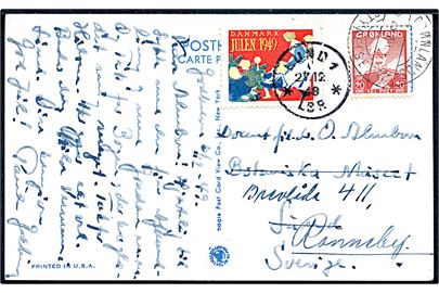 20 øre Chr. X og Dansk Julemærke 1949 på brevkort dateret i Godhavn d. 6.12.1949 og annulleret Grønlands Styrelse d. 23.12.1949 til Lund i Sverige - eftersendt til Ronneby.