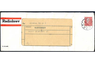 20 øre Chr. X på Radiobrev kuvert (R.12 (1-47) fra Lyngby Radiotelegrafkontor d. 9.10.1947 til København. Meddelelse sendt fra Opmålingsskibet “Heimdal” på hjemrejse fra Grønland. 