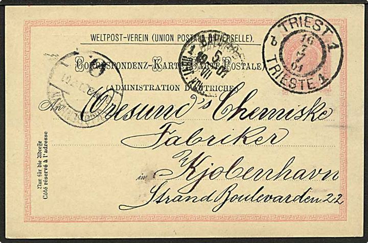 10 h. Franz Joseph helsagsbrevkort fra Trieste d. 16.7.1901 via Warszawa til København, Danmark.