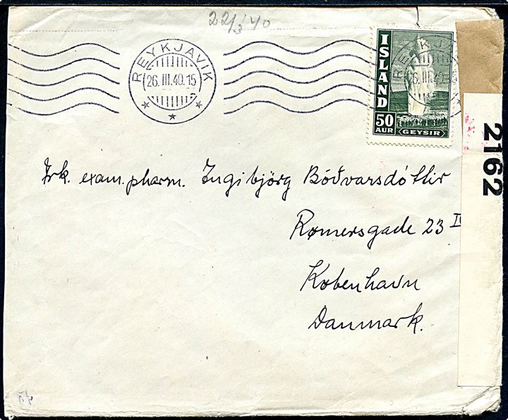 50 aur Geysir single på 2. vægtkl brev fra Reykjavik d. 16.3.1940 til København, Danmark. Åbnet af britisk censur PC66/2162 og tysk censur i Berlin. 