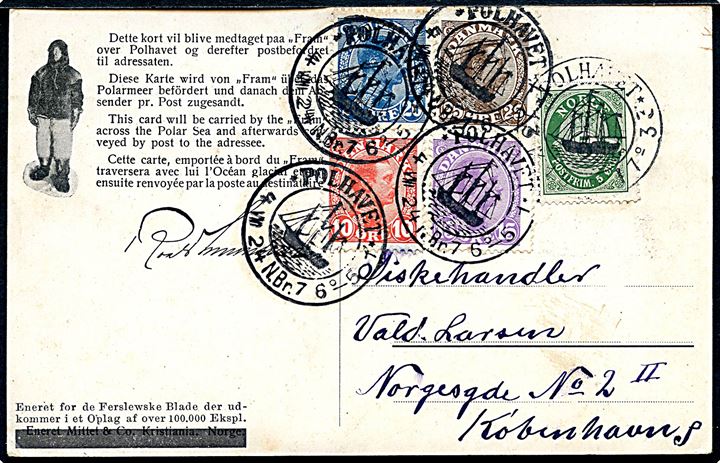 Norsk 5 øre Posthorn og dansk 10 øre, 15 øre, 20 øre og 25 øre Chr. X på “Fram”-postkort annulleret Polhavet d. 13.9.1918 og igen d. 4.8.1924 til København, Danmark.