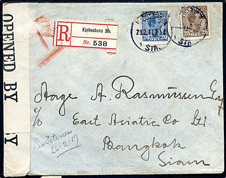 20 øre og 25 øre Chr. X på 45 øre frankeret 2. vægtkl. anbefalet brev fra Kjøbenhavn d. 28.2.1917 til Bangkok, Siam. Åbnet af britisk censur no. 1117 og ank.stemplet i Bangkok d. 2.5.1917.