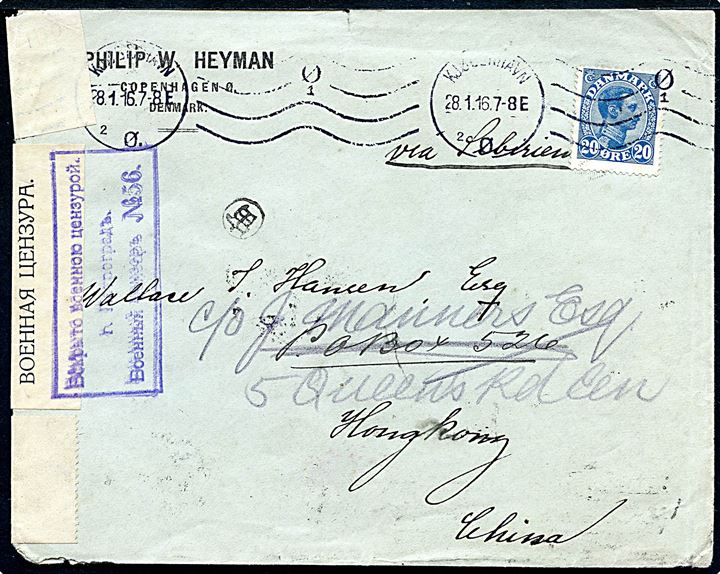 20 øre Chr. X på brev fra Kjøbenhavn d. 28.1.1916 til Hong Kong. Påskrevet “via Sibirien” og åbnet af russisk censur i Petrograd. Ank. i Hong Kong d. 19.3.1916.