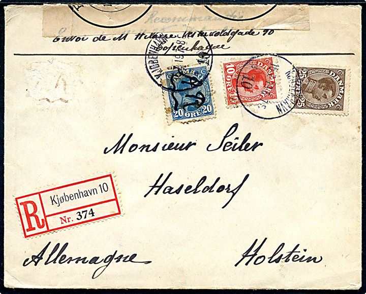 10 øre og 25 øre Chr. X på anbefalet brev fra Kjøbenhavn 10 d. 16.7.1919 kl. 6-7E opfrankeret med 20 øre Chr. X (defekt) med påskrift “A.R.” (= Modtagelsesbevis) og annulleret d. 16.7.1919 7-8E til Haseldorf, Tyskland. Åbnet af tysk valutakontrol i Flensburg.