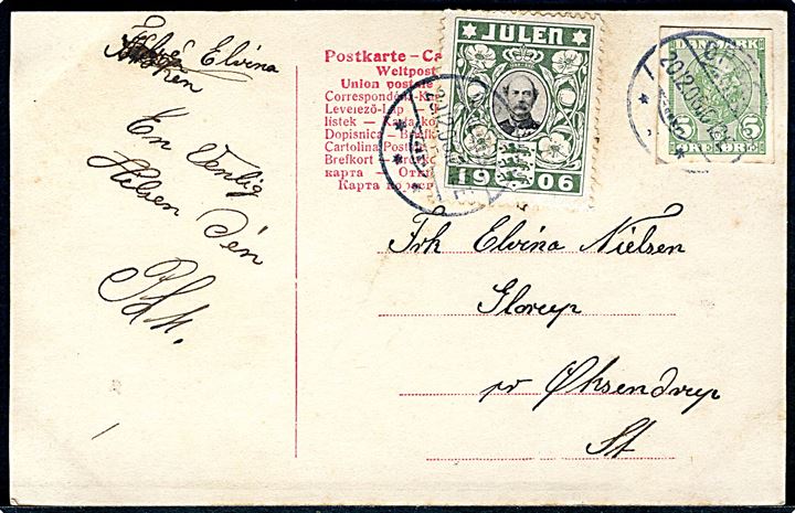 5 øre Chr. IX helsagsafklip og Julemærke 1906 på brev-kort fra Ørbæk d. 20.12.1906 til Glorup pr. Øksendrup St.
