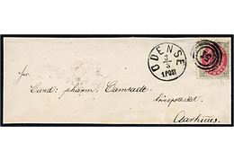 4 sk. Tofarvet linietakket på lille brev annulleret med nr.stempel “51” og sidestemplet lapidar Odense d. 3.3.1871 til Aarhus. 