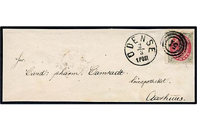 4 sk. Tofarvet linietakket på lille brev annulleret med nr.stempel “51” og sidestemplet lapidar Odense d. 3.3.1871 til Aarhus. 