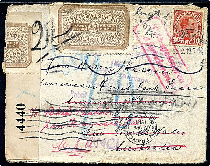10 øre Chr. X på brev fra Kjøbenhavn d. 25.2.1919 til amerikansk 4-mastet bark “Puaco” i Sydney, Australien - eftersendt til San Francisco og returneret med stor brun brevlukkemærkat (2). Et frimærke bortfaldet under befordring. Åbnet af britisk censur.