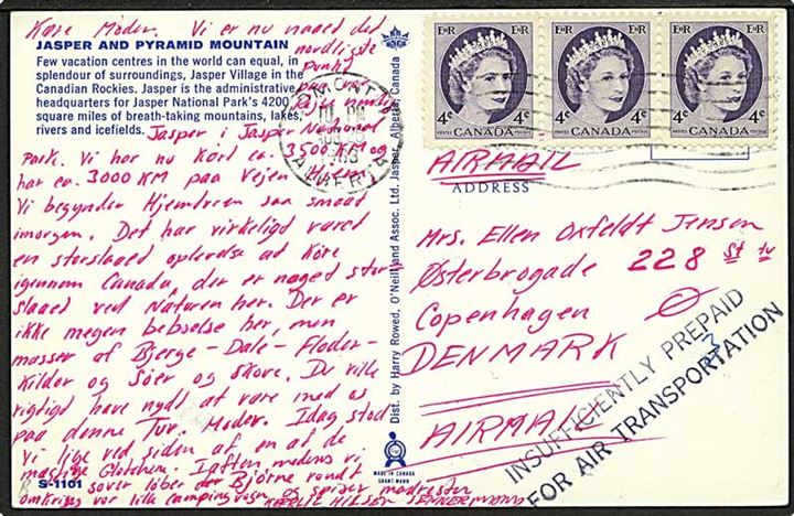 4 c. Elizabeth i 3-stribe på underfrankeret luftpost brevkort fra Edmonton d. 26.8.1963 til København. 2-liniestempel: Insufficiently prepaid for air transportation.