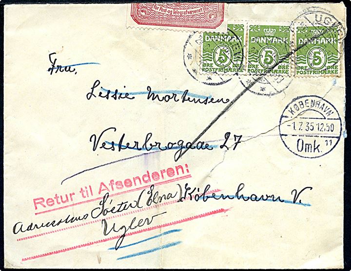 5 øre Bølgelinie (3) på brev fra Uglev d. 27.6.1935 til København. Retur via Returpostkontoret som ubekendt med rød brevlukkemærkat fra Brevaabningskontoret. Fold og stor rift på forsiden.