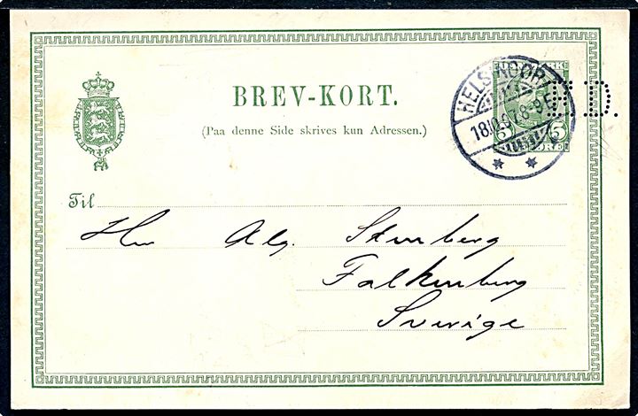 5 øre Fr. VIII helsagsbrevkort med perfin “F.D.” fra Fiskenetfabrikken “Danmark” i Helsingør d. 18.10.1907 til Falköping, Sverige.
