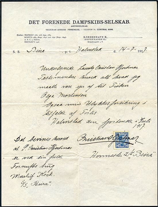 20 øre Chr., X benyttet som stempelmærke på testamente skrevet at sømand ombord på DFDS skibet S/S “Beira” i Halmstad d. 14.7.1917. Enestående tidsdokument fra 1. verdenskrig.