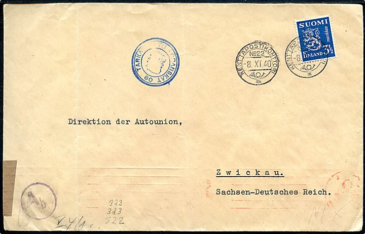 3½ mk. Løve på brev annulleret med feltpoststempel Kenttäpostikonttori No. 22 d. 8.11.1940 til Zwickau, Tyskland. Fra officer ved KpK 22/8350. Finsk og tysk censur.