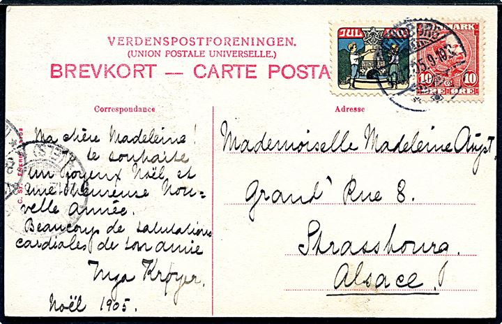10 øre Chr. IX og Julemærke 1905 på brevkort fra Svendborg d. 22.12.1905 til Strassbourg, Alsace.