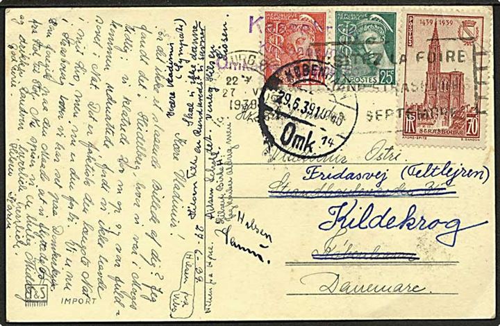 1,25 fr. frankeret brevkort fra Strassbourg d. 27.5.1939 til København, Danmark - eftersendt til Fridasvej (Teltlejren), Kildekrog med violet 3-liniestempel: Kassebrev Københavns Omkarteringspostkontor.