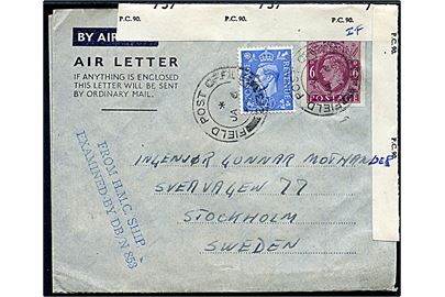 6d Air Letter med 2½d George VI dateret “I Sjön 22.12. 44” fra norsk kadet, Jan Ørner, ombord på en canadisk fregat annulleret Field Post Office 213 (= Londonderry) d. 6.1.1945 til Stockholm, Sverige. Afs. S.O.K. London (= Sjøforsvarets Overkommando) med både canadisk flåde-censur og britisk censur PC90/757 påskrevet “I.F”.
