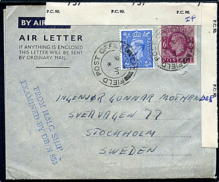 6d Air Letter med 2½d George VI dateret “I Sjön 22.12. 44” fra norsk kadet, Jan Ørner, ombord på en canadisk fregat annulleret Field Post Office 213 (= Londonderry) d. 6.1.1945 til Stockholm, Sverige. Afs. S.O.K. London (= Sjøforsvarets Overkommando) med både canadisk flåde-censur og britisk censur PC90/757 påskrevet “I.F”.
