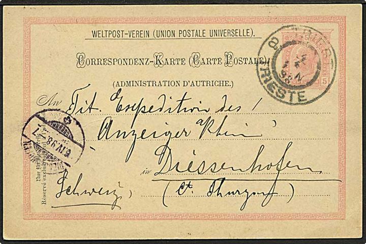5 h. Franz Joseph helsagsbrevkort fra Trieste d. 4.4.1898 til Diessenhofen, Schweiz.