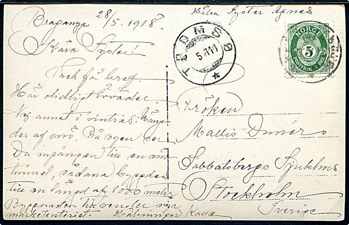 5 øre Posthorn på foto postkort (Sveagruva mineskakt) dateret Braganza d. 28.5.1918 annulleret Green Harbour d. 31.5.1918 via Tromsø d. 5.6.1918 til Stockholm, Sverige. Sendt fra embedsmand ved det svenske kulmine Sveagruva oprettet 1917. 